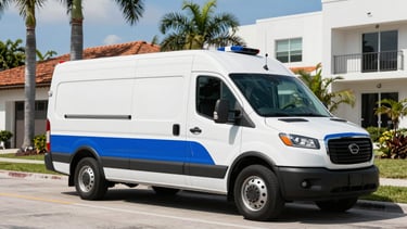 A professional photograph of a white restoration service vehicle with royal blue accents parked on a residential street in Miami, Florida. The background features palm trees and modern Florida architecture under a bright sunny sky. The style is clean, modern, and trustworthy, emphasizing a professional response team.