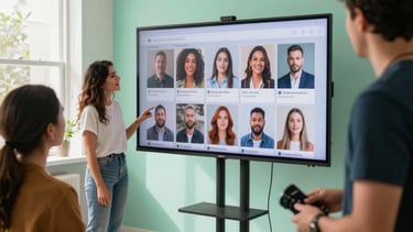 A professional Hispanic creative team in a bright, modern studio, planning a social media campaign on a large digital screen. The space is clean with mint green accents, warm natural light, and a focused but friendly atmosphere.