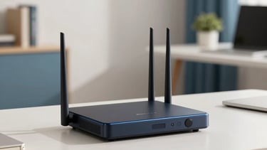 A professional photograph of a sleek, modern internet router situated on a minimalist desk in a North American / US home office. The background is slightly blurred, showing a clean room with off-white walls and medium blue decorative accents. The lighting is soft and natural, emphasizing a sense of high-speed connectivity and reliability.