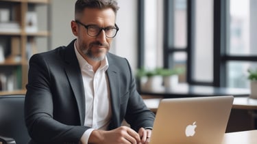 A professional woman reviewing ISO documentation on a laptop in a bright office.