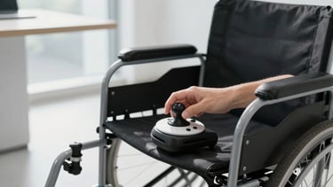 Close-up of a hand using an adaptive joystick controller on a wheelchair in a bright, modern office, natural high-contrast daylight.