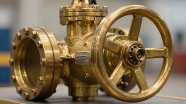 Extreme close-up of a massive industrial brass gate valve, showing the gleam of the metallic wheel and certification stamp.