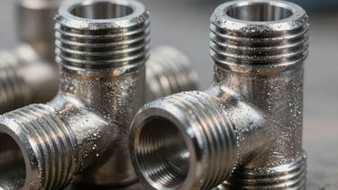 Macro close-up of heavy-duty threaded steel and GI pipe elbows, highlighting precise industrial threading and metallic texture.