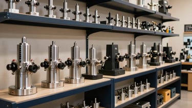 Professional photography of a high-end hardware showroom in South American / Brazilian setting. Rows of professional-grade steel tools and precision machinery displayed on sleek dark navy industrial shelving. Bright, clean environment with warm lighting reflecting off polished metal surfaces, emphasizing reliability and modern commerce.