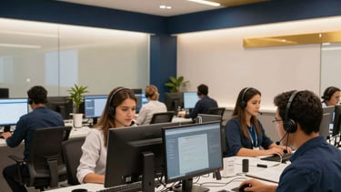 Wide professional shot of a modern Brazilian tele-attendance office in Salvador. Professional staff with headsets work at clean, organized workstations. The lighting is warm and welcoming with gold and navy blue accents in the interior design. High-end architectural photography.