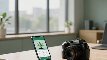 A clean, modern professional office space in North America with large windows. A minimalist desk features a sleek smartphone displaying a plant-growth tracking application and a high-end camera, symbolizing the intersection of technology and content creation. Soft daylight illuminates the sage green and muted gold accents of the room.