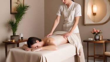 Masajista profesional realizando un masaje relajante de espalda a una mujer en un spa.