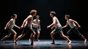 Wide cinematic production still of a physical theatre performance, dramatic low-key stage lighting, actors in motion blur, dark background
