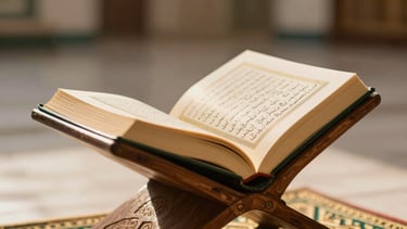 Close up of an open Quran on a wooden stand inside Masjid Nabawi, soft warm lighting, shallow depth of field, elegant atmosphere