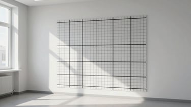 Wide environmental shot of an empty postural assessment room: a clinical posture grid mounted on a white wall, precise vertical and horizontal lines visible, north-facing daylight entering from the left, clean shadowless interior. Minimalist clinical setting, no people, architectural discipline.