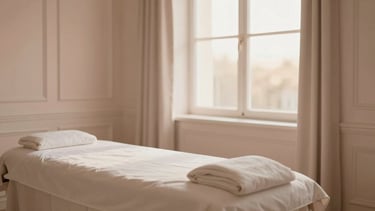 Wide shot of a serene, uncluttered luxury medical spa suite, soft focus, warm diffused daylight, muted blush and champagne tones, elegant architectural details, shallow depth of field, 35mm