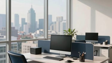 Modern and bright corporate office in Mexico City with large windows and a clean, minimalist design. A sleek desk with professional devices overlooks a blurred skyline. Soft morning sunlight illuminates the space with tones of navy blue, light blue, and off-white. Professional atmosphere, Hispanic / Latin American context.