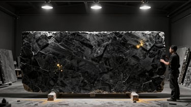 Wide panoramic shot of a high-end stone workshop, a single craftsman inspecting a massive dark porcelain slab under focused overhead spotlights, dark atmosphere, subtle gold sparks