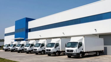 Vista exterior diurna de una moderna planta de distribución de alimentos corporativos, camiones isotérmicos limpios alineados con precisión, arquitectura minimalista en tonos azul petróleo y blanco, iluminación solar clara y profesional.