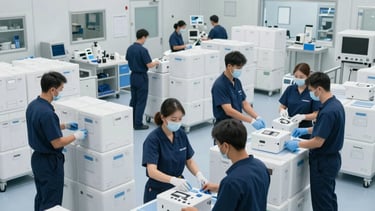 A crisp, high-angle photograph of a modern medical logistics facility in the North American / US. The scene shows a sterile, well-organized warehouse with professional staff overseeing the precise movement of medical equipment. The lighting is clinical and bright. The color scheme incorporates white, light blue-grey, and deep navy blue tones.
