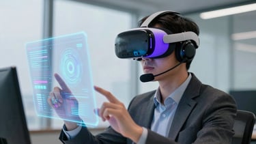 A professional in a high-tech North American office wearing a sleek augmented reality headset, interacting with holographic data. The lighting features soft sky blue and royal purple accents, creating a futuristic and professional atmosphere. High-end photography, sharp focus on the headset and hand gestures.