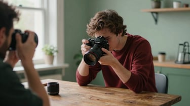 Candid behind-the-scenes shot of an agency photographer adjusting a camera lens over a rustic table setting.