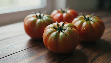 Tactile macro shot of ripe heirloom tomatoes on a dark wood table, soft natural light.