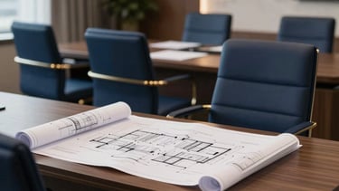A Middle Eastern corporate office meeting room, professional setting with architectural blueprints on a desk, elegant modern design featuring deep navy blue chairs and metallic gold accents.