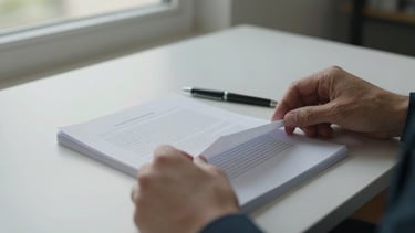 Close-up of hands carefully turning pages of a legal document on a clean white desk, north-facing daylight from a nearby window, single pen resting beside the pages, no people visible beyond the hands, calm and deliberate atmosphere