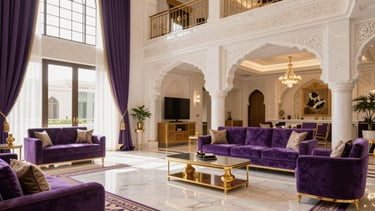 A high-end, luxury villa interior in Al Ain, UAE, featuring elegant purple and gold decor accents. The lighting is bright and clean, showcasing a pristine, professional cleaning result with sophisticated Middle Eastern architectural details in the background.