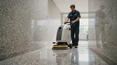 Wide shot of a professional operator using a modern floor polishing machine on a pristine, reflective granite corridor with generous negative space.