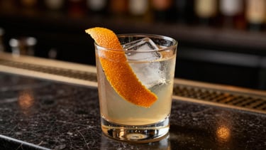 A sophisticated 'Old Fashioned' cocktail with a large ice cube and orange peel, resting on a dark marble bar counter.