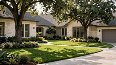 A sharp, high-resolution photograph of a professionally landscaped front yard in a North American / US (Texas) suburb. The composition shows clean-cut grass, perfectly trimmed oak trees, and a pressure-washed driveway. The style is modern and clean with natural elegance. Lighting is bright morning sun. Colors include dark green and medium green foliage against off-white stone accents.