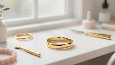 Bright editorial photography of a modern jewelry studio, soft natural daylight through large windows, gold tools on a clean white workbench, shallow depth of field