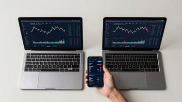 Wide panoramic top-down view of a laptop and phone side by side on a clean light desk, financial app dashboards visible on both screens mid-interaction, a hand reaching toward the phone screen, sharp studio lighting from above, no people's faces, data visualization charts partially visible
