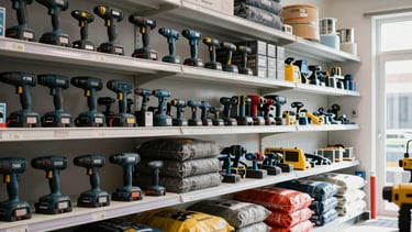 A clean and professional wide-angle photograph of a modern Turkish hardware store interior. The shop is stocked with organized shelves of power tools in dark blue and grey, bags of construction materials, and beekeeping equipment. Bright, natural lighting highlights the quality and reliability of the supplies. Anatolian / Turkish setting.