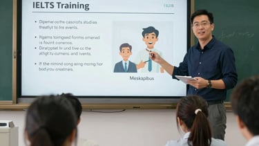 A focused student practicing IELTS speaking with a tutor