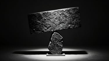 Stark monochrome gallery photography of a monolithic balancing sculpture, dramatic chiaroscuro spotlighting, deep obsidian shadows, 35mm
