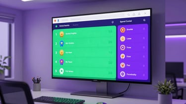 A high-end, contemporary workspace in a global English-speaking city, featuring a large screen displaying a vibrant green and purple leaderboard with digital achievement badges. The room has soft, purple ambient lighting and a professional yet playful edtech atmosphere, with a clean and focused composition.