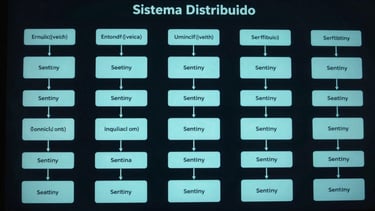 Diagrama técnico de una arquitectura de sistema distribuido, con componentes interconectados y flujos de datos, presentado en una pantalla de alta resolución con tonos cian sobre fondo oscuro.