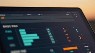Macro shot of a high-end digital interface displaying analytics, glass texture, subtle cyan and orange glows, studio lighting.