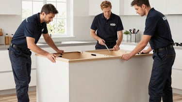 Close-up of hands assembling high-quality kitchen furniture