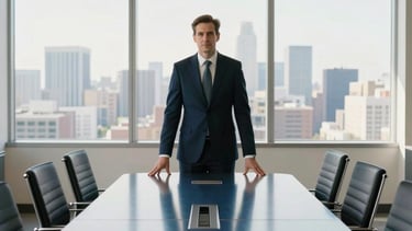 Professional photography of a minimalist North American executive suite. A polished steel-blue conference table reflects the ambient morning light from large windows overlooking a blurred metropolitan skyline. The scene is clean, sharp, and conveys quiet authority and financial stability, utilizing a palette of off-white and dark navy.
