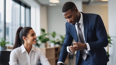 A mentor guiding a young professional in a corporate setting.