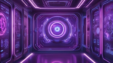 A dimly lit room features a prominent illuminated sign displaying the words 'Sysco LABS.' Below the sign are office desks with various electronic devices, including laptops and cables. The lighting creates a cool and professional atmosphere.