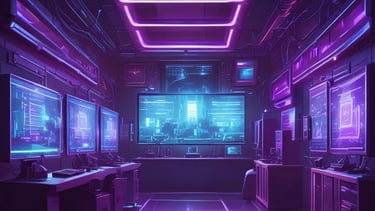 A dimly lit desk setup featuring a computer monitor displaying a document titled 'General Hardening Guideline'. The desk has a mechanical keyboard with blue and red keys, a lamp providing light on the right side, and various small items including notes pinned to the wall, a notebook, and a cup. There is a mesh office chair in front of the desk.