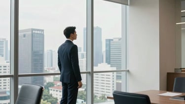 A high-end, bright office interior in Jakarta, Indonesia. A professional Southeast Asian man in business attire stands looking out a large glass window at the city skyline. The room is modern with off-white walls, steel blue accents, and dark navy furniture. The lighting is soft and natural, conveying a sense of integrity and professional calm.