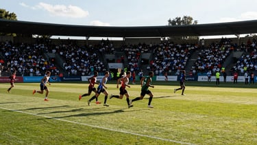 Wide environmental shot of a packed outdoor sports event, athletes competing in the foreground, crowd filling the stands in the background, sponsor banners stretched across the fence line, natural afternoon light casting long shadows across the field