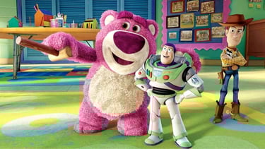 a toy story book with a pink teddy bear and a toy bear