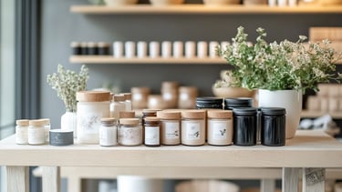 Productos locales y sostenibles en mesa de madera clara, apoyando el comercio consciente