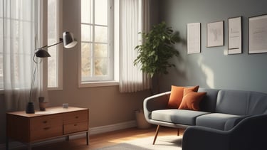 A serene therapy room with comfortable seating and soft lighting.