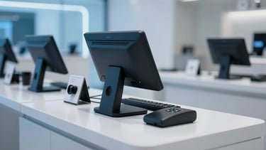 Close-up of a modern retail POS terminal in a sleek Dubai boutique, soft blue ambient light, clean counters, sharp focus on technical hardware.