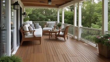 A woodworking shop with stacks of cut wooden boards organized on a surface. In the foreground, a uniquely shaped carved wooden piece stands upright. Behind, multiple planks of varying sizes are stored horizontally on racks.