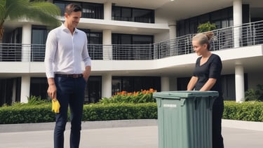 A pristine trash area with neatly organized bins in a modern apartment complex.