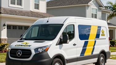 Professional photography of a white service van with navy and yellow branding parked on a residential driveway in a sunny Orlando, Florida neighborhood. High-quality lighting, modern North American house exterior, reflecting safety and professionalism.